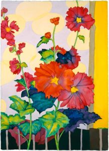 Vivid watercolor of red hollyhocks