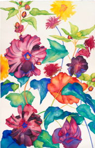 Watercolor of Hollyhocks in reds, oranges and yellows
