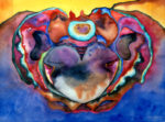 Semi abstract watercolor of a pelvis and sacrum