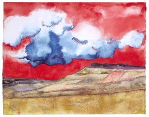 Watercolor landscape of the southwest with a red sky and big clouds