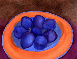 watercolor still life of blue plums and a peachy-orange plate