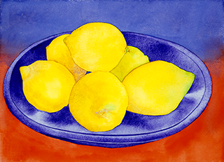 Watercolor still life of lemons in a blue bowl on a red tablecloth