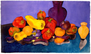 Richly colored watercolor still life of Eggplants, Peppers & Honey Tangerines
