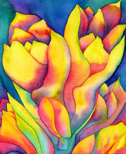 rainbow-colored semi-abstract watercolor of amaryllis buds opening