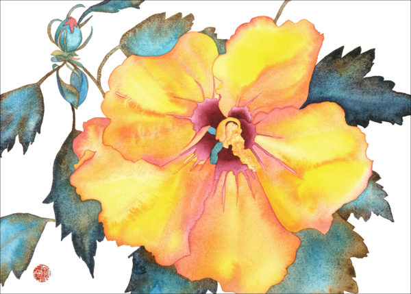 Watercolor close-up of a single large yellow Rose of Sharon flower