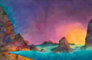 Richly colored watercolor seascape of a rocky coast at sunset