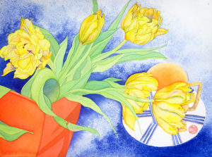 Watercolor of Yellow tulips in an orange vase