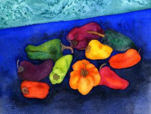 Watercolor still life of hot peppers in yellows, greens, oranges and reds with a textured turquoise background