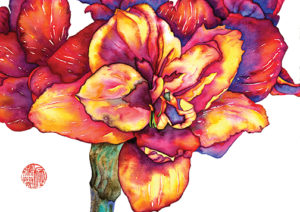 Watercolor of a yellow amaryllis with red picot